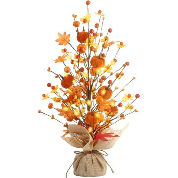 Fall Decor, 18 Inch Artificial Red Berry Maple Leaf Pumpkin Tree Tabletop - Picture 7 of 7